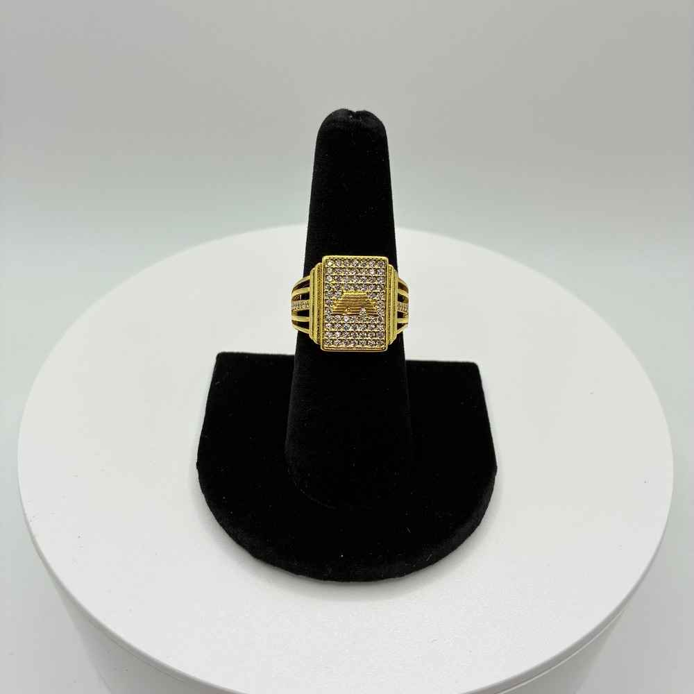 Emporio Armani Ring Unisex 7.5 Gold Pave Crystal Mayan Temple Logo Rectangle